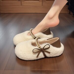 Elegant Cream and Brown Women's Shoes with Bow and Pearl Detail